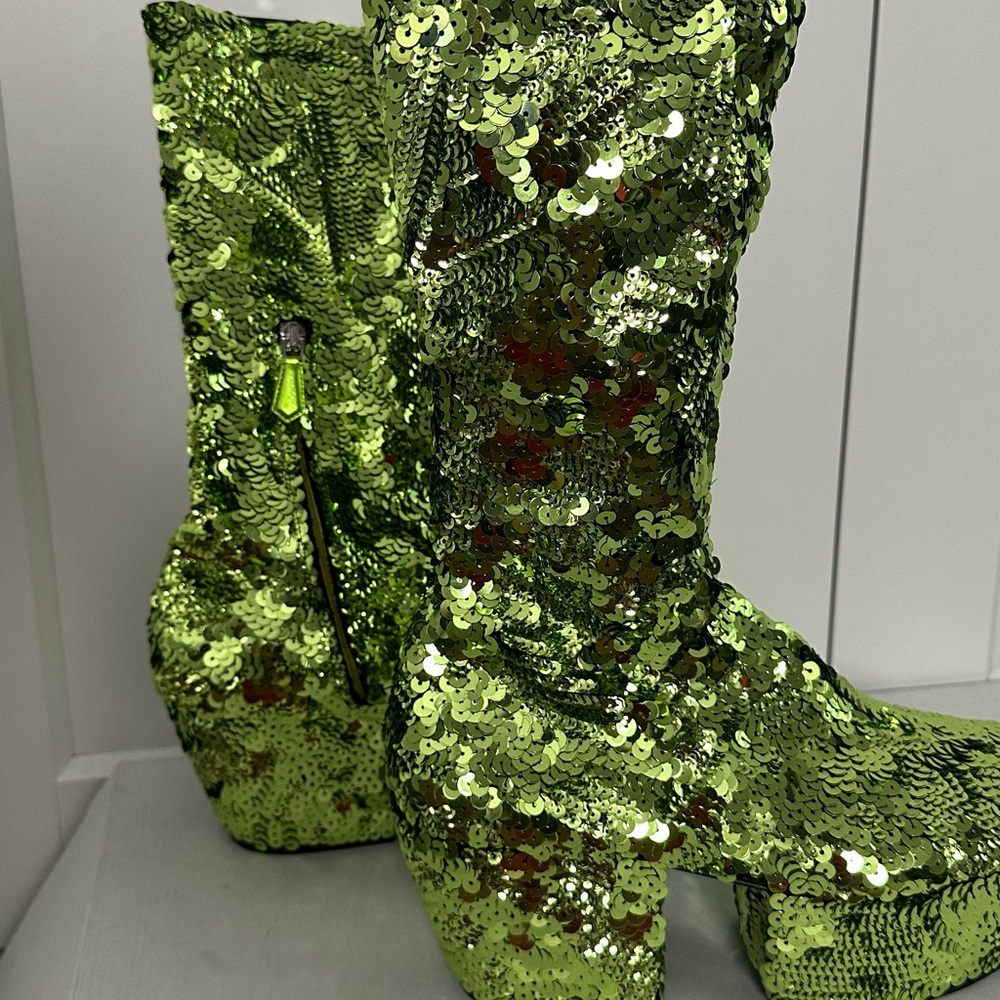 Prada Green Sequined Platform Boots - Picture 8 of 12